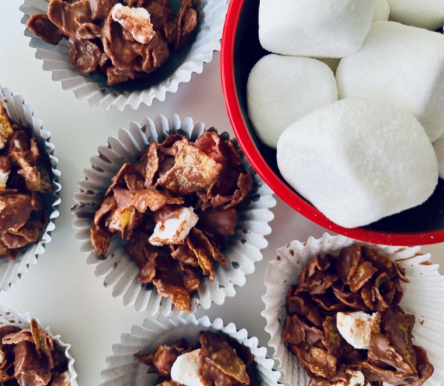 Smore crunchies (corn flakes, chocolate, and marshmallows)