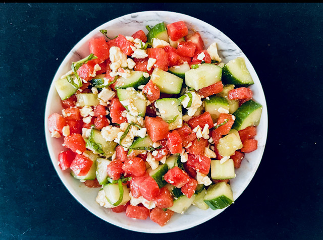 Watermelon and cucumber salad with basil and feta cheese