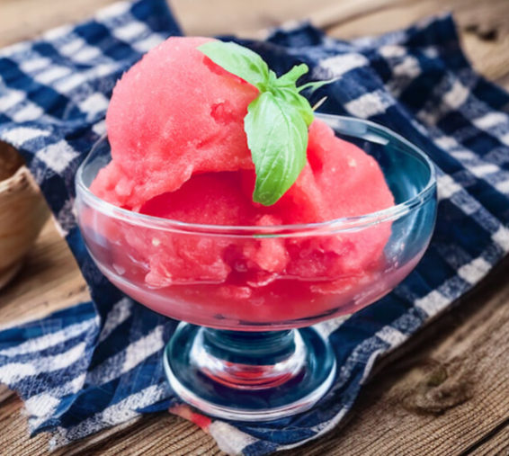 Watermelon sorbet topped with a basil leaf