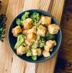 Tofu and broccoli stir fry with a peanut sauce.
